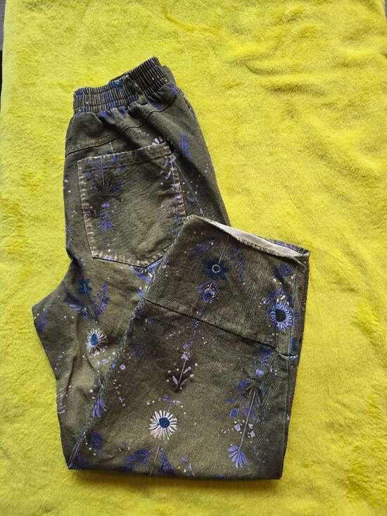 Source Unknown Denim - Boho Olive Green Printed Wide Leg Pants with Tulip Crossover Hem